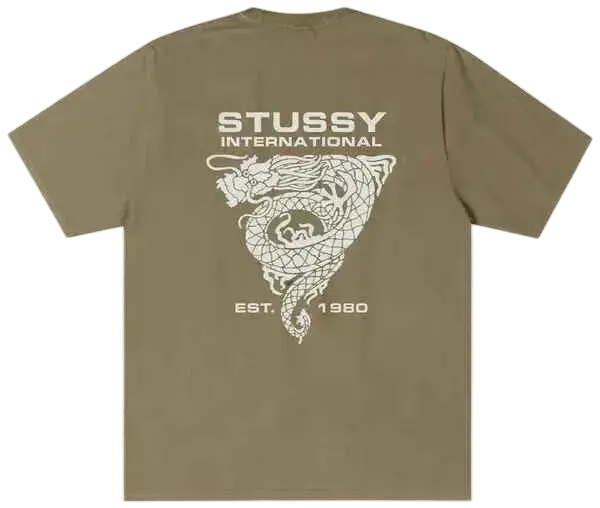 Olive green stussy dragon tee with white embroidered dragon design and est logo in cotton fabric for casual wear