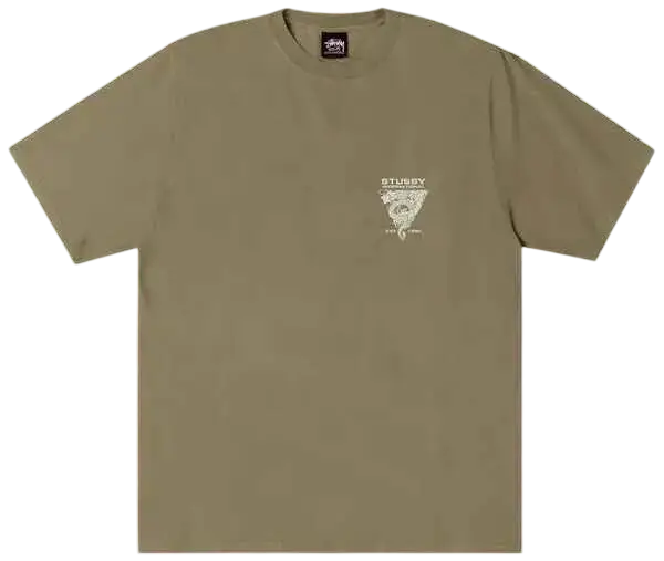 Olive green stussy dragon tee army with a small white graphic on the chest made of soft cotton material