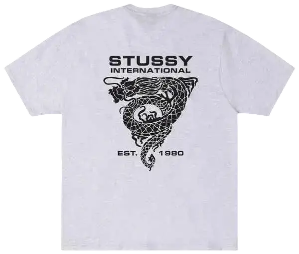 White stussy dragon tee ash t-shirt with a black intricately detailed dragon graphic and est text on front