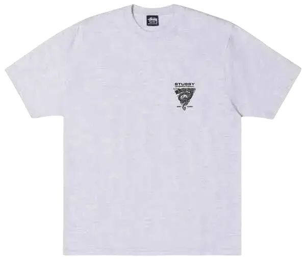 White stussy dragon tee ash featuring a black and gray graphic on the left chest in soft cotton fabric