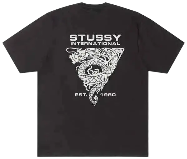 Black stussy international t-shirt with white embroidered dragon design and est in a casual streetwear style