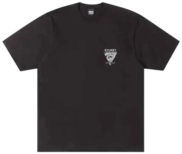 Black stussy dragon tee with white embroidered logo on chest is a cotton crew neck t-shirt for casual wear