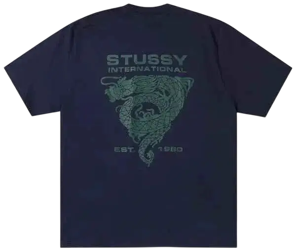 Dark blue stussy dragon tee navy featuring a green dragon graphic and est print on soft cotton fabric