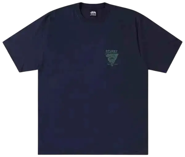 Dark blue Stussy Dragon Tee navy t-shirt featuring a subtle green triangular logo on the chest