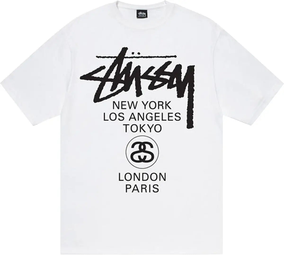 White stussy futura world tour tee featuring bold black logo graphic and city names including New York and Tokyo