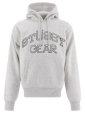 A light gray stussy gear pullover hoodie with bold outlined logo and front kangaroo pocket in ash gray material