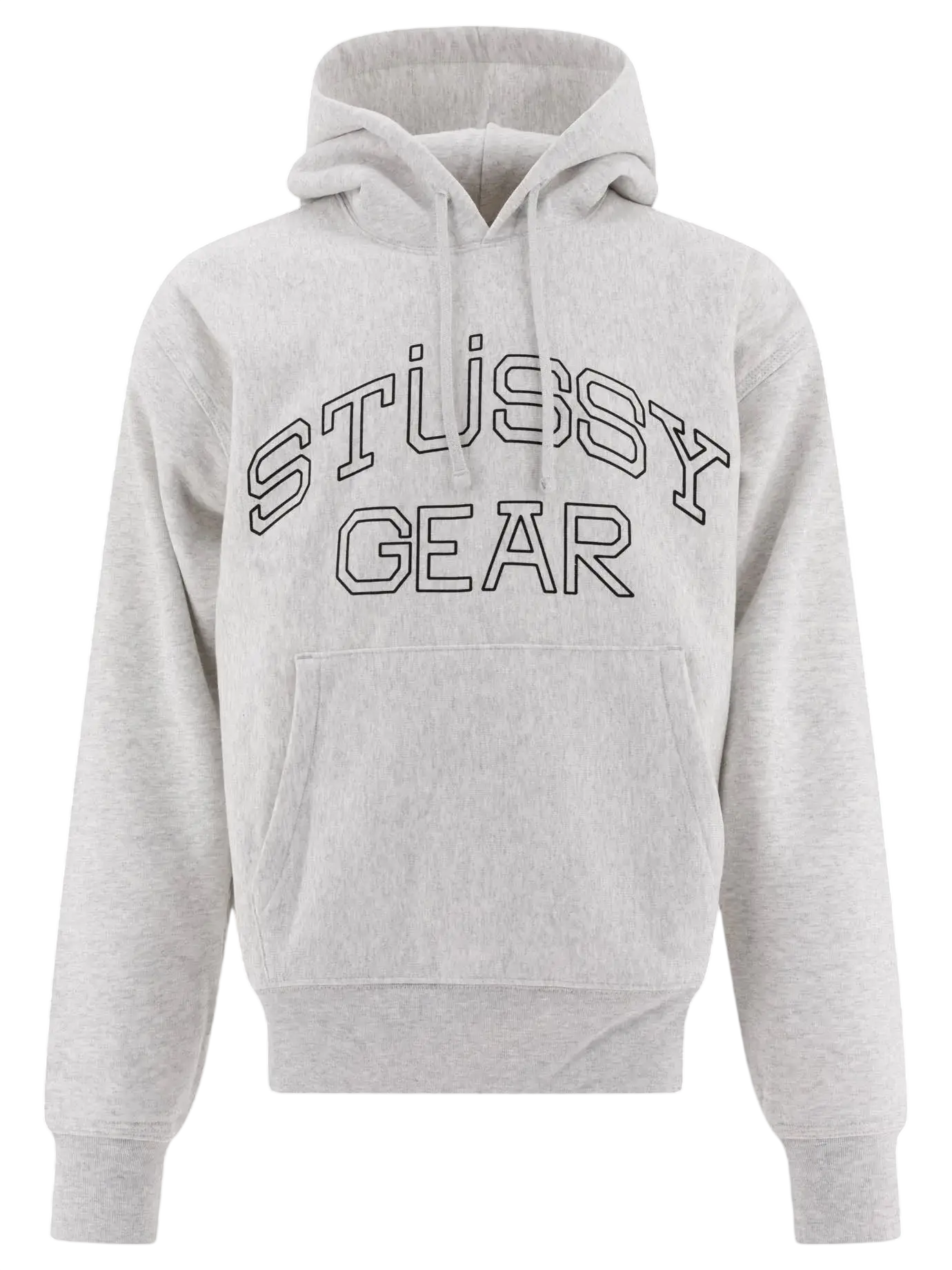A light gray stussy gear pullover hoodie with bold outlined logo and front kangaroo pocket in ash gray material