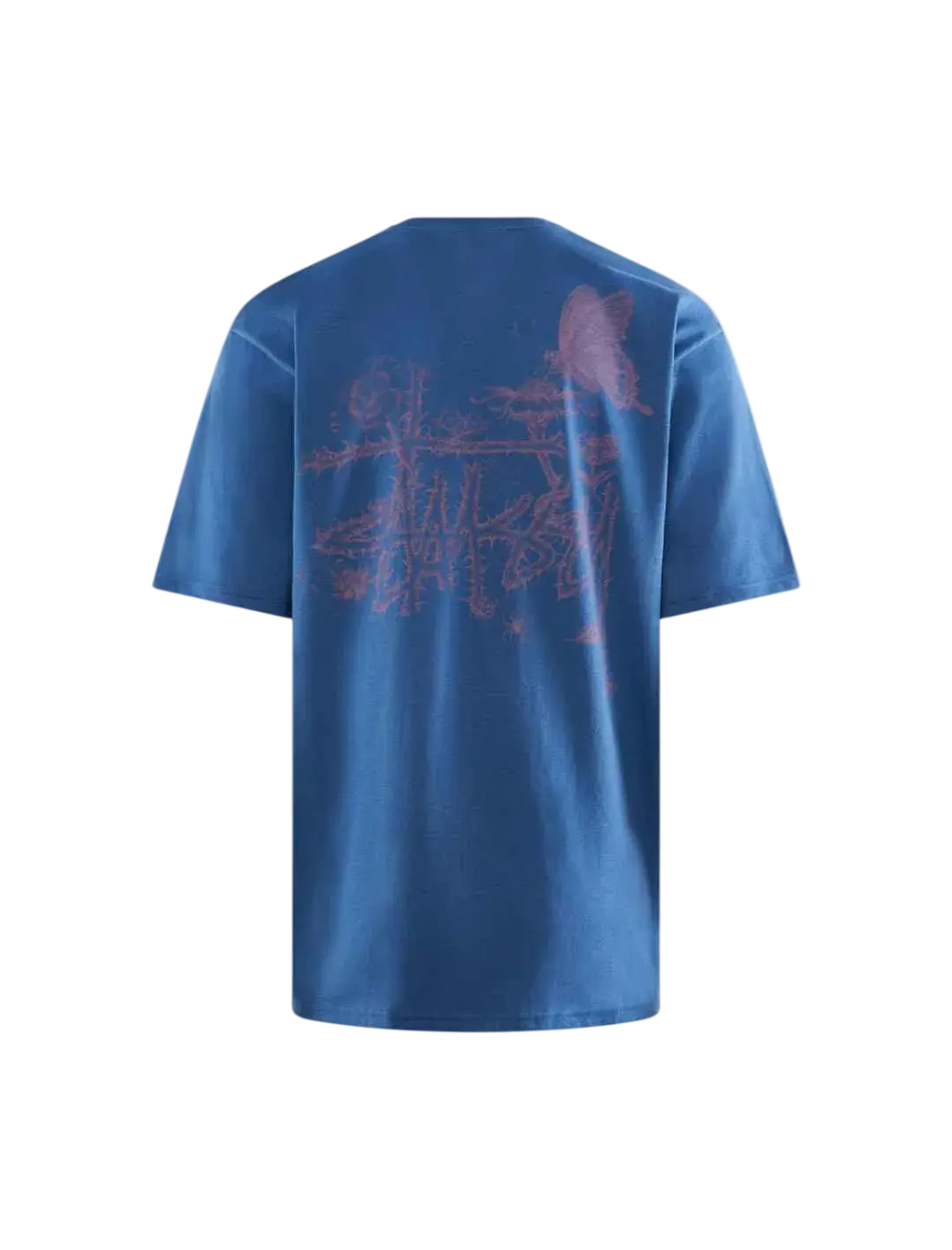 Blue stussy in bloom tee back showing a faded stylized graphic print on the blue cotton t-shirt