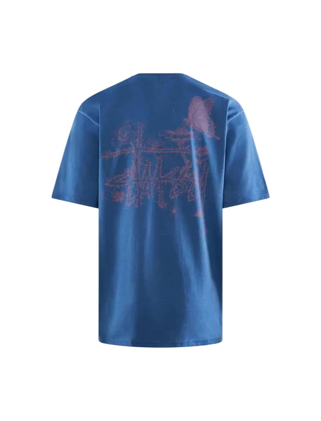 Blue stussy in bloom tee back showing a faded stylized graphic print on the blue cotton t-shirt