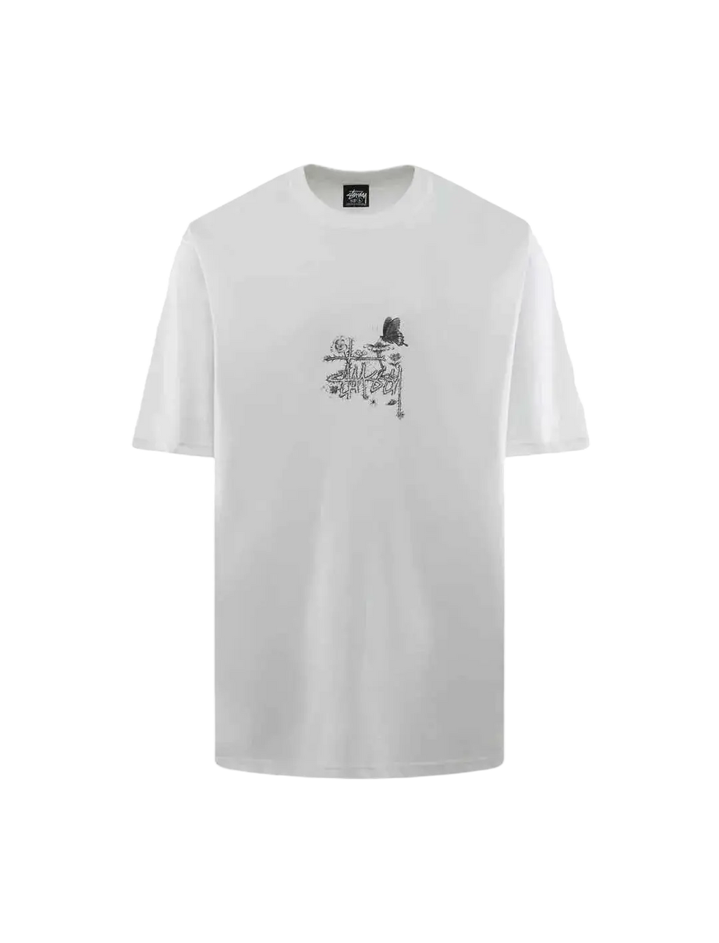 White stussy in bloom tee featuring a black graphic print on the chest in soft cotton material