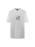 White stussy in bloom tee featuring a black graphic print on the chest in soft cotton material