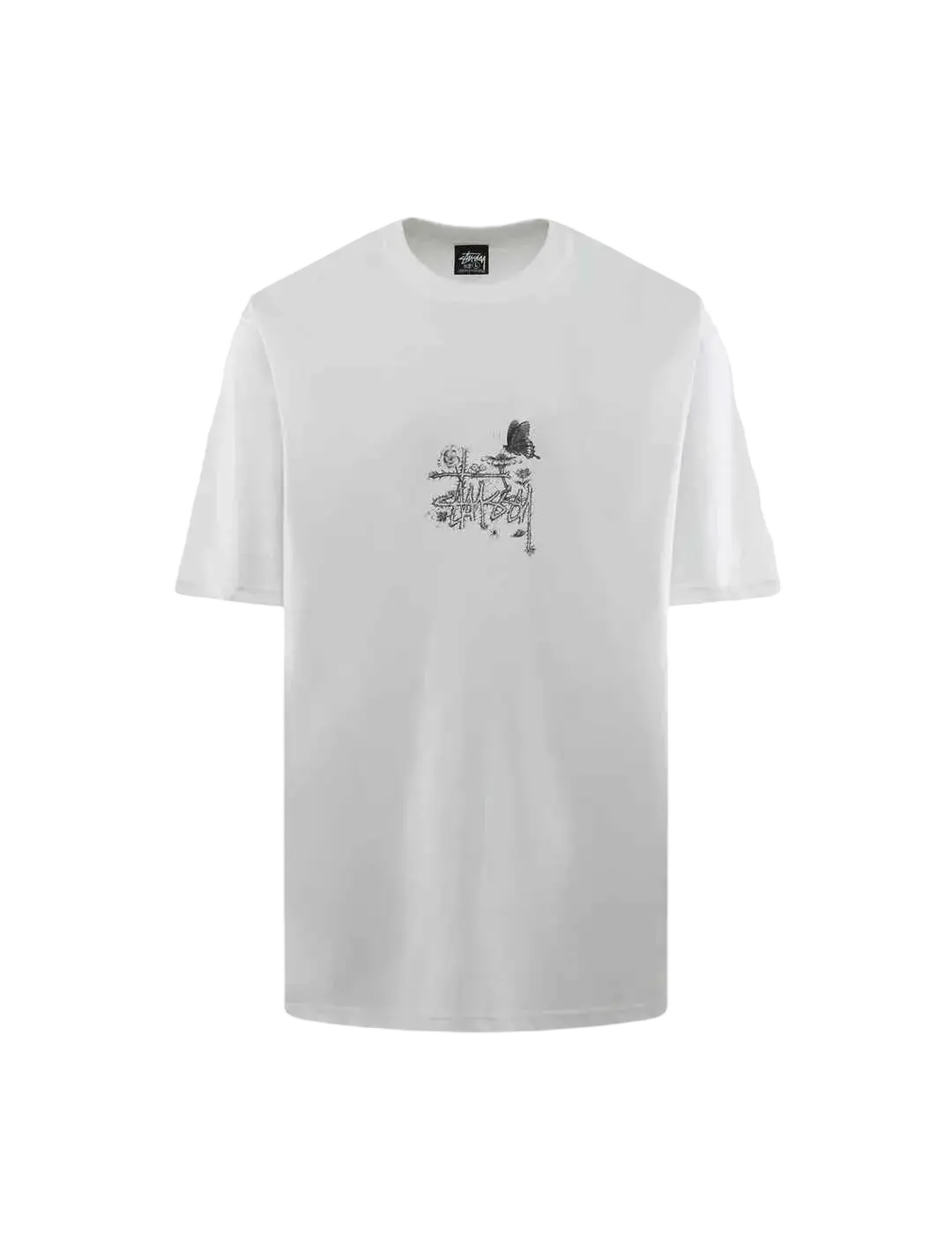 White stussy in bloom tee featuring a black graphic print on the chest in soft cotton material