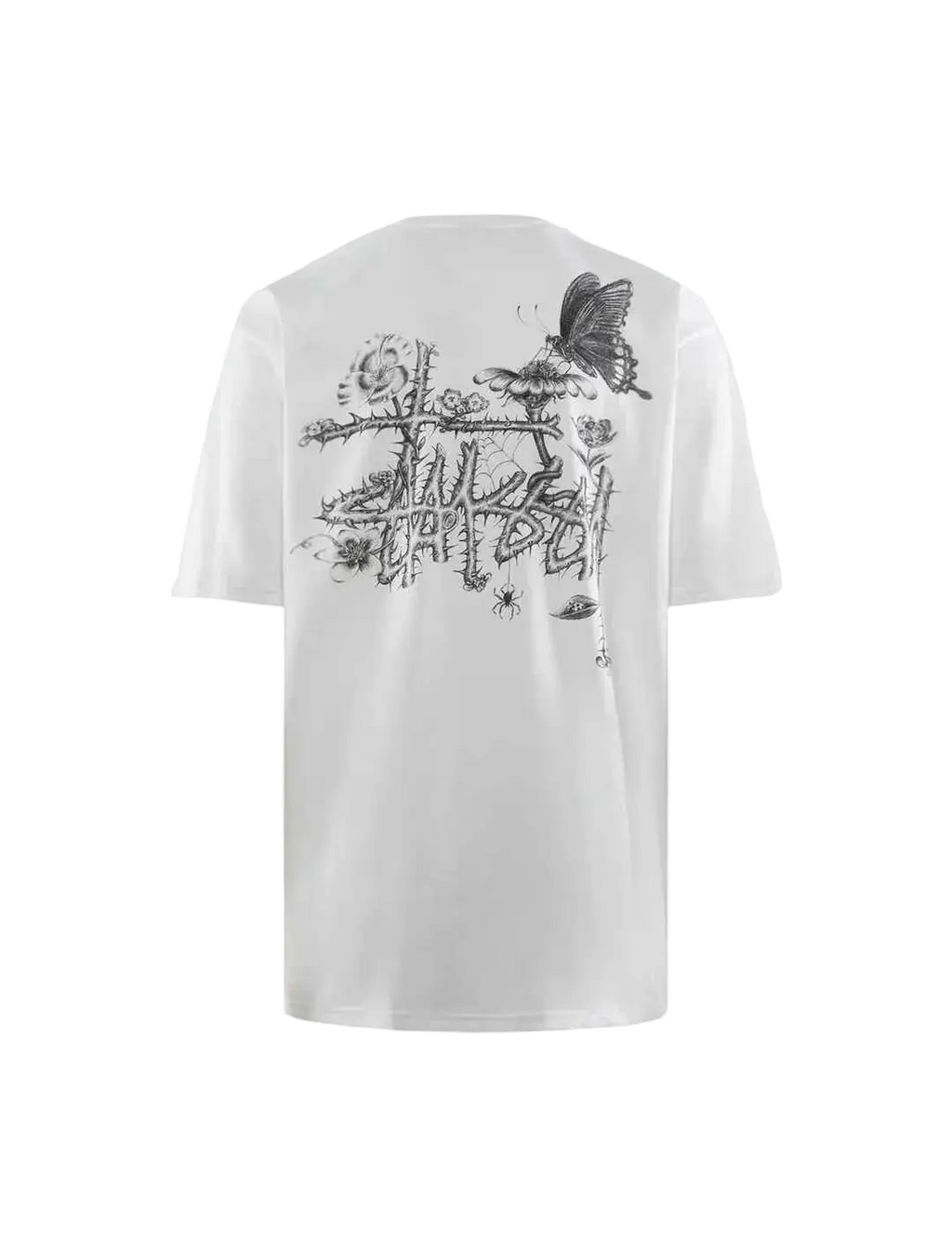 White stussy t-shirt featuring black ink graphic of intertwined thorny vines flowers and butterfly in bloom tee white