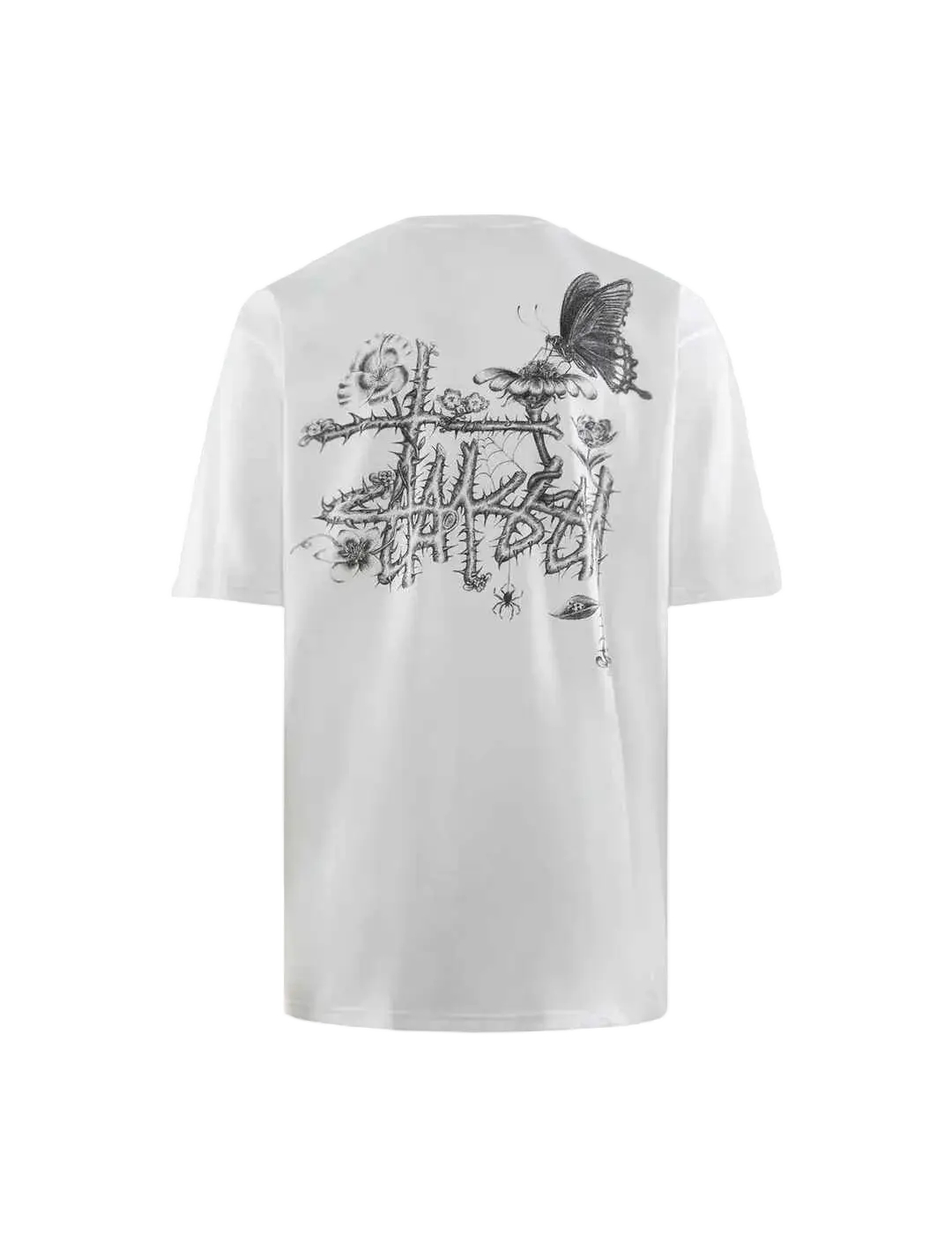 White stussy t-shirt featuring black ink graphic of intertwined thorny vines flowers and butterfly in bloom tee white