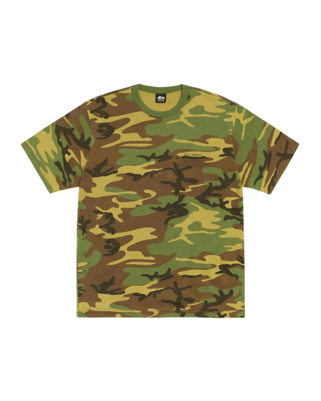 A stussy pigment dyed tee camo t-shirt with classic woodland camouflage in green brown and tan shades