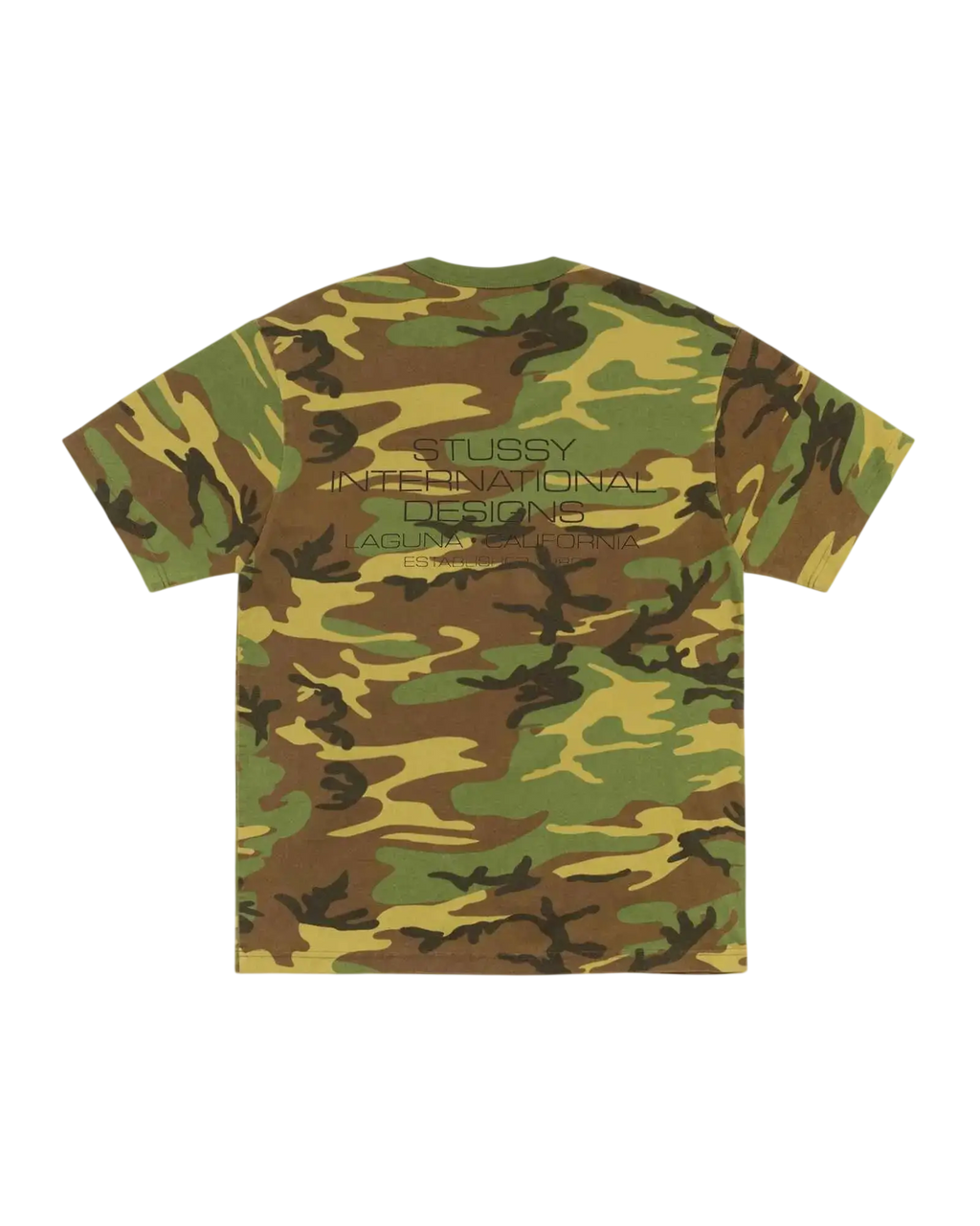 Stussy international design short-sleeved t-shirt with classic woodland camouflage pattern in green brown and tan