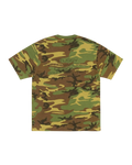 Stussy international design short-sleeved t-shirt with classic woodland camouflage pattern in green brown and tan