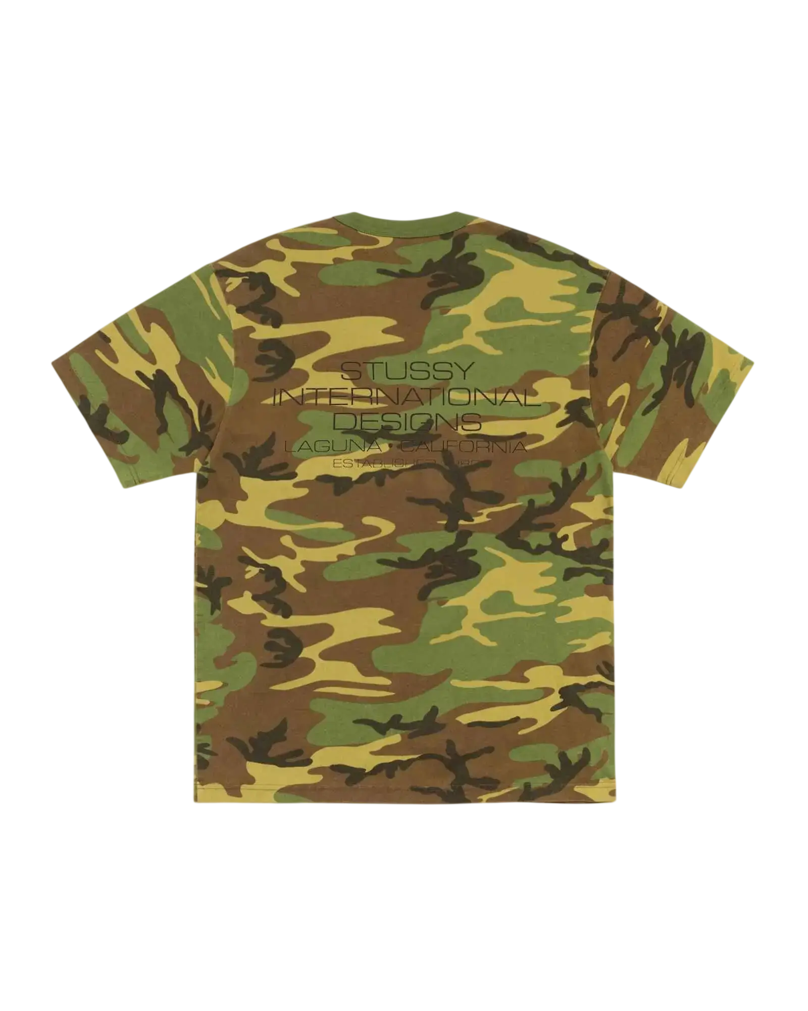 Stussy international design short-sleeved t-shirt with classic woodland camouflage pattern in green brown and tan