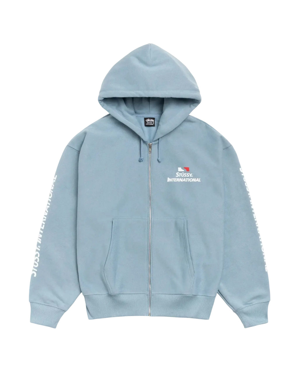 Light blue Stussy International zip-up hoodie with white branding on chest and sleeves in slate color