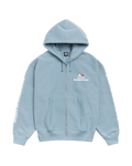 Light blue Stussy International zip-up hoodie with white branding on chest and sleeves in slate color