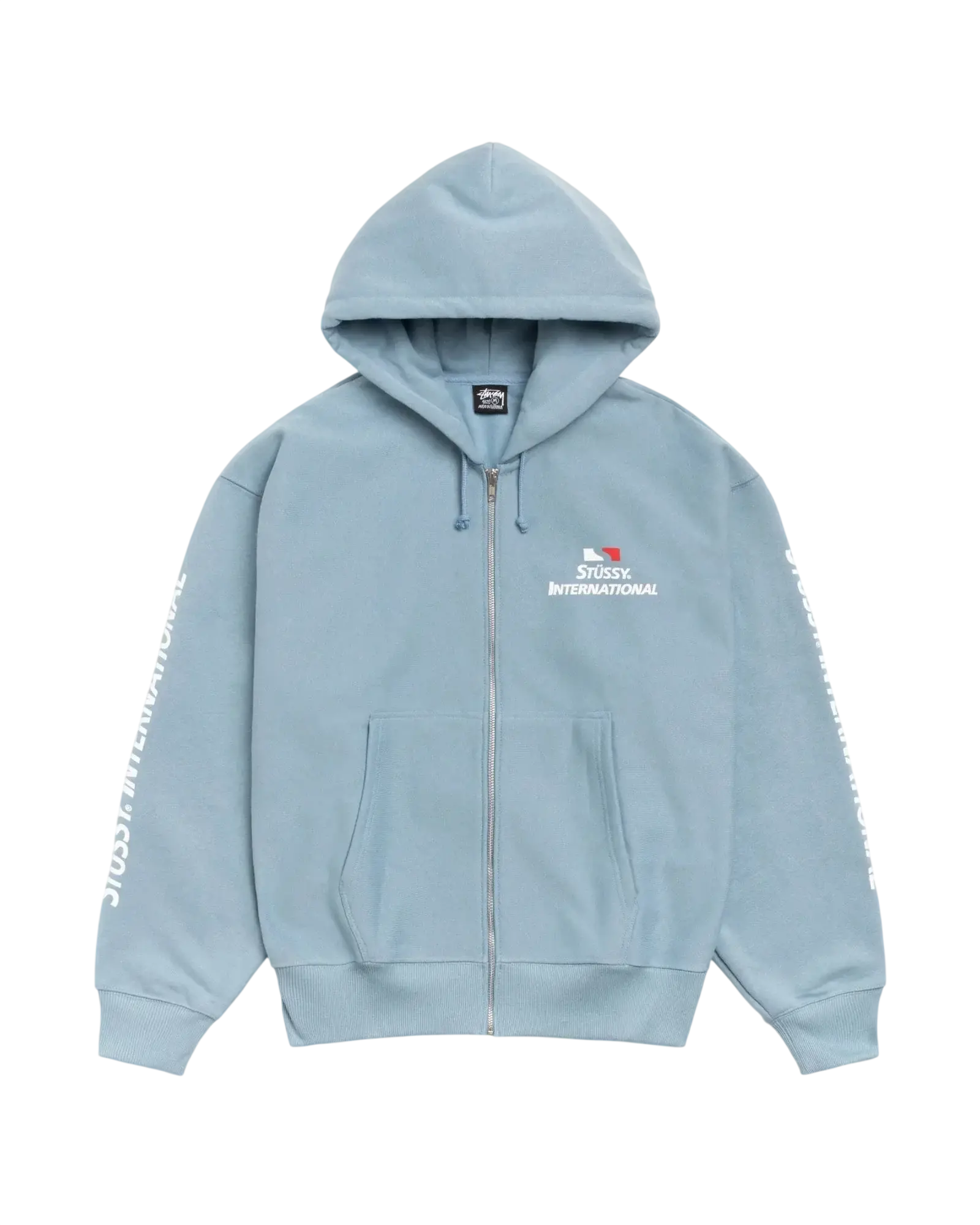 Light blue Stussy International zip-up hoodie with white branding on chest and sleeves in slate color