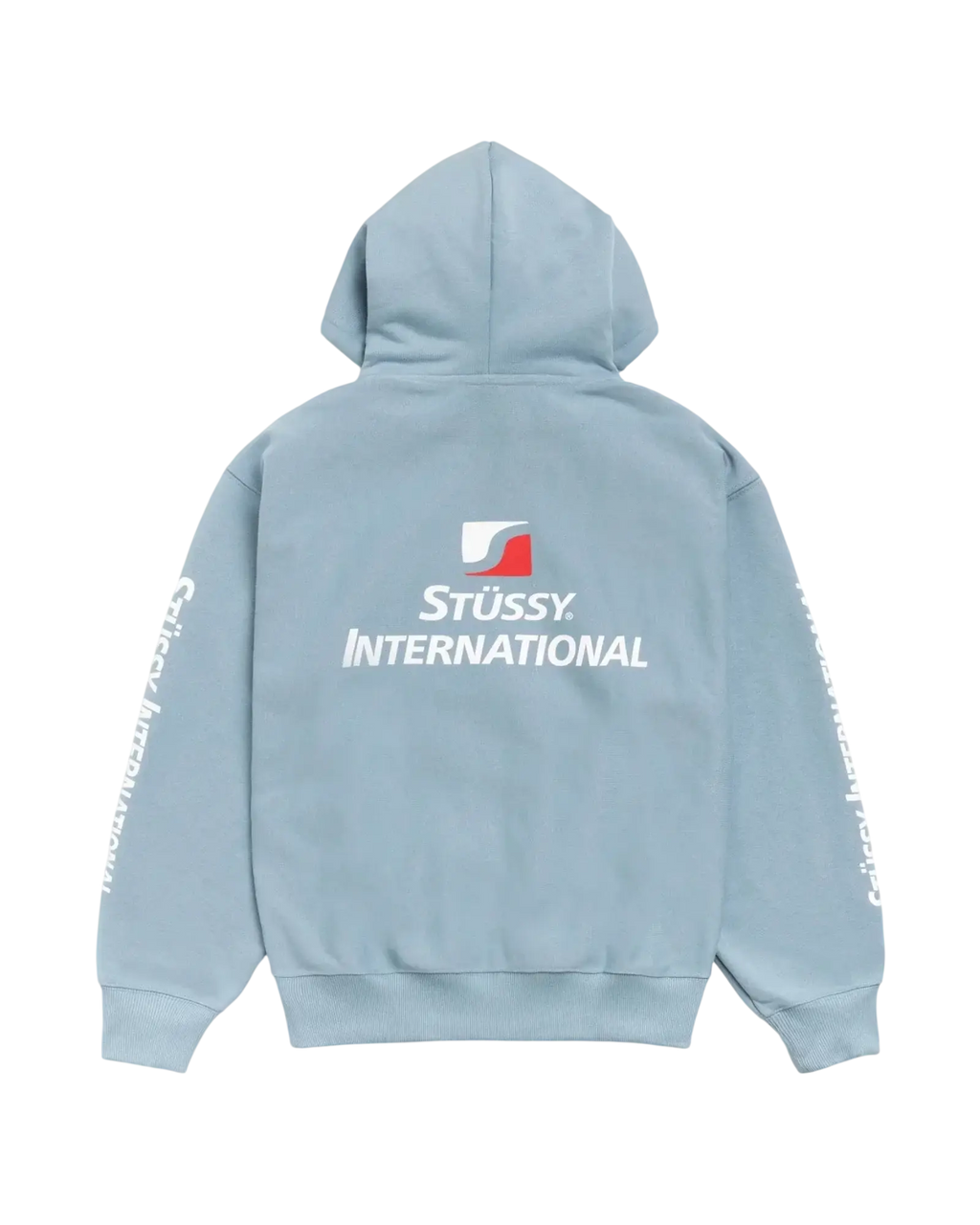 Back view of light blue stussy international zip-up hoodie slate with white logo and text on the back