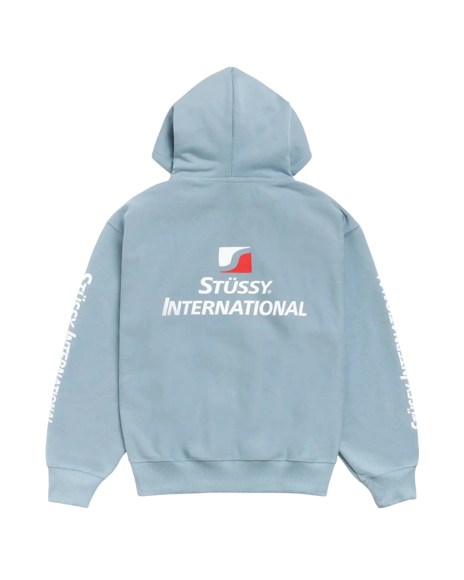 Back view of light blue stussy international zip-up hoodie slate with white logo and text on the back