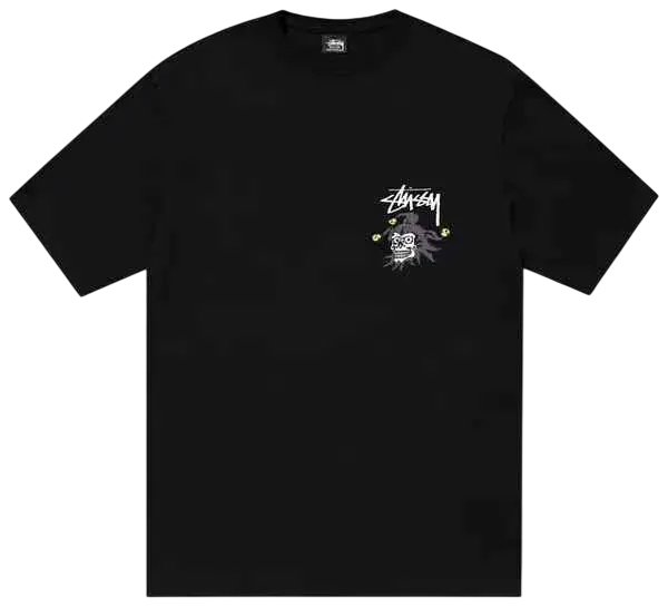 Black Stussy Joker tee black with white and gray graphic on chest made of soft cotton material