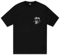 Black Stussy Joker tee black with white and gray graphic on chest made of soft cotton material