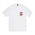 White stussy joker tee featuring a red cartoon character graphic on the chest in soft cotton material