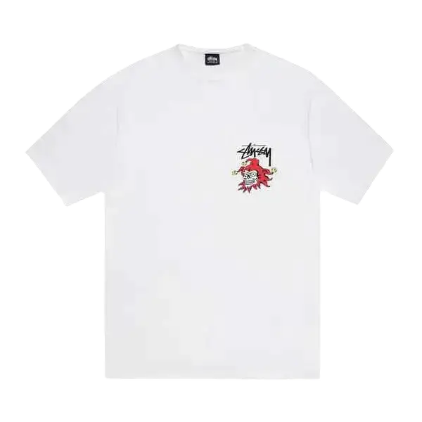 White stussy joker tee featuring a red cartoon character graphic on the chest in soft cotton material