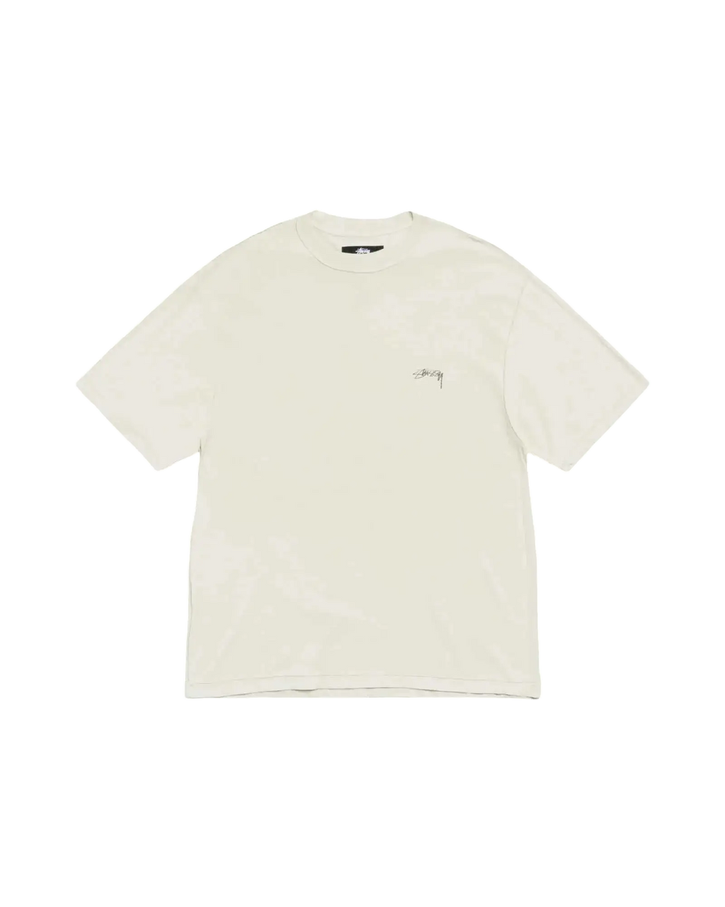 Cream-colored stussy lazy pigment dyed tee bone with a subtle embroidered logo on the left chest
