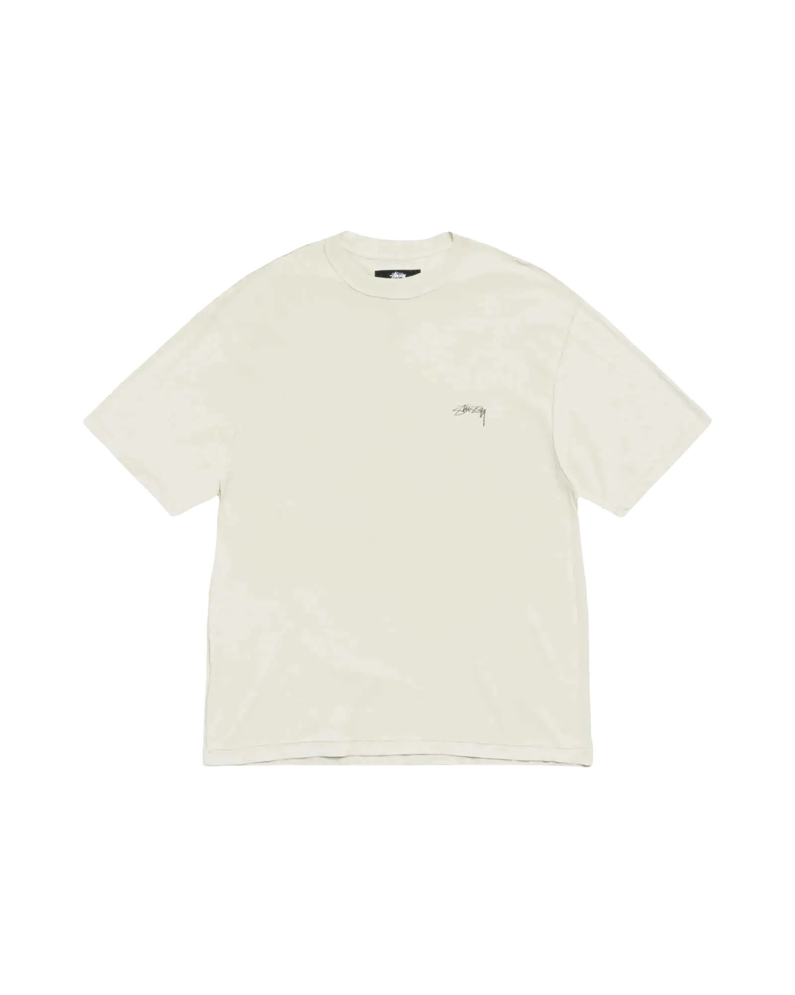 Cream-colored stussy lazy pigment dyed tee bone with a subtle embroidered logo on the left chest