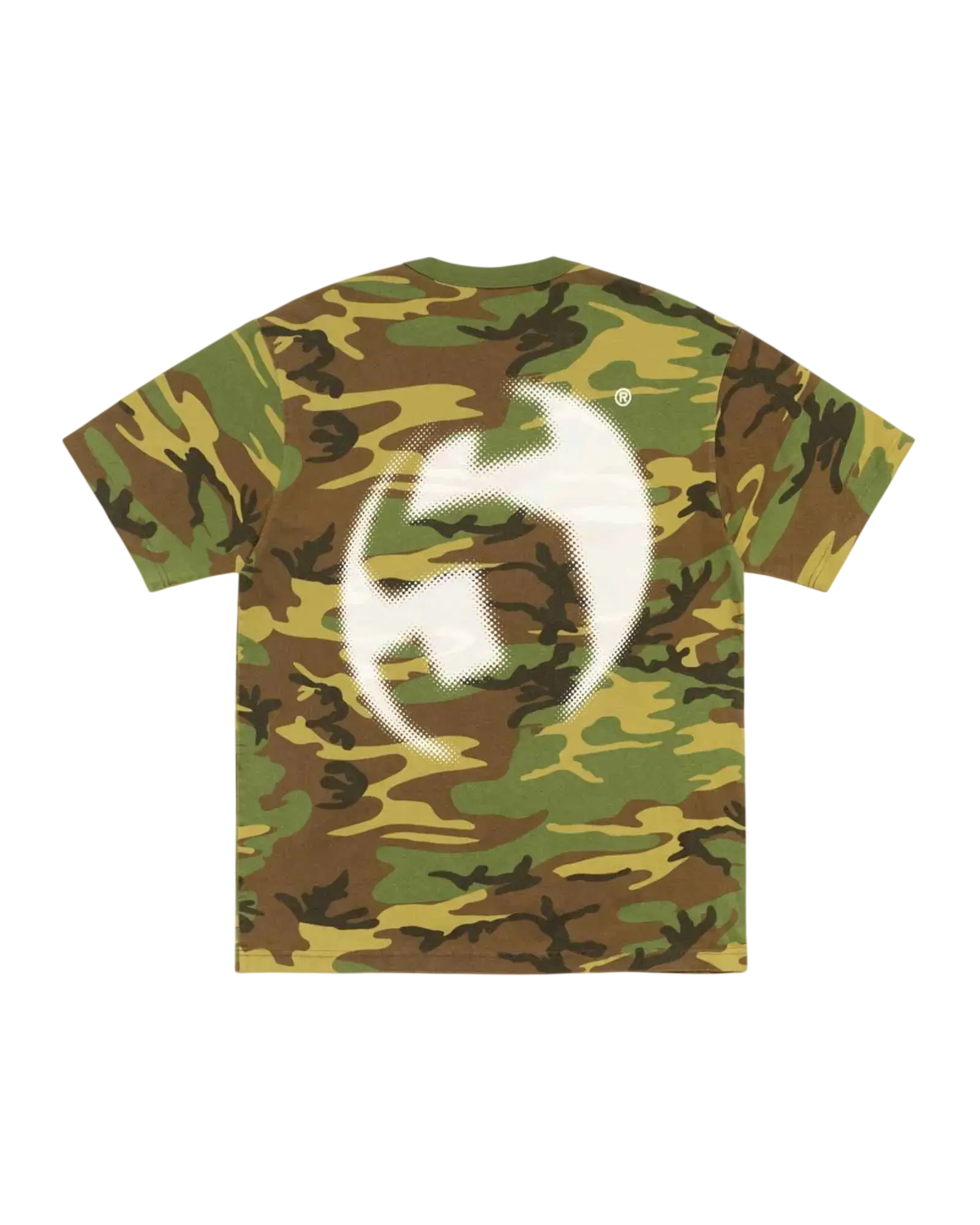 Back view of a camouflage Stussy Lens Tee camo t-shirt featuring a white graphic on the back