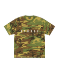 A stussy t-shirt featuring a classic woodland camouflage pattern in shades of green, brown, and tan.
