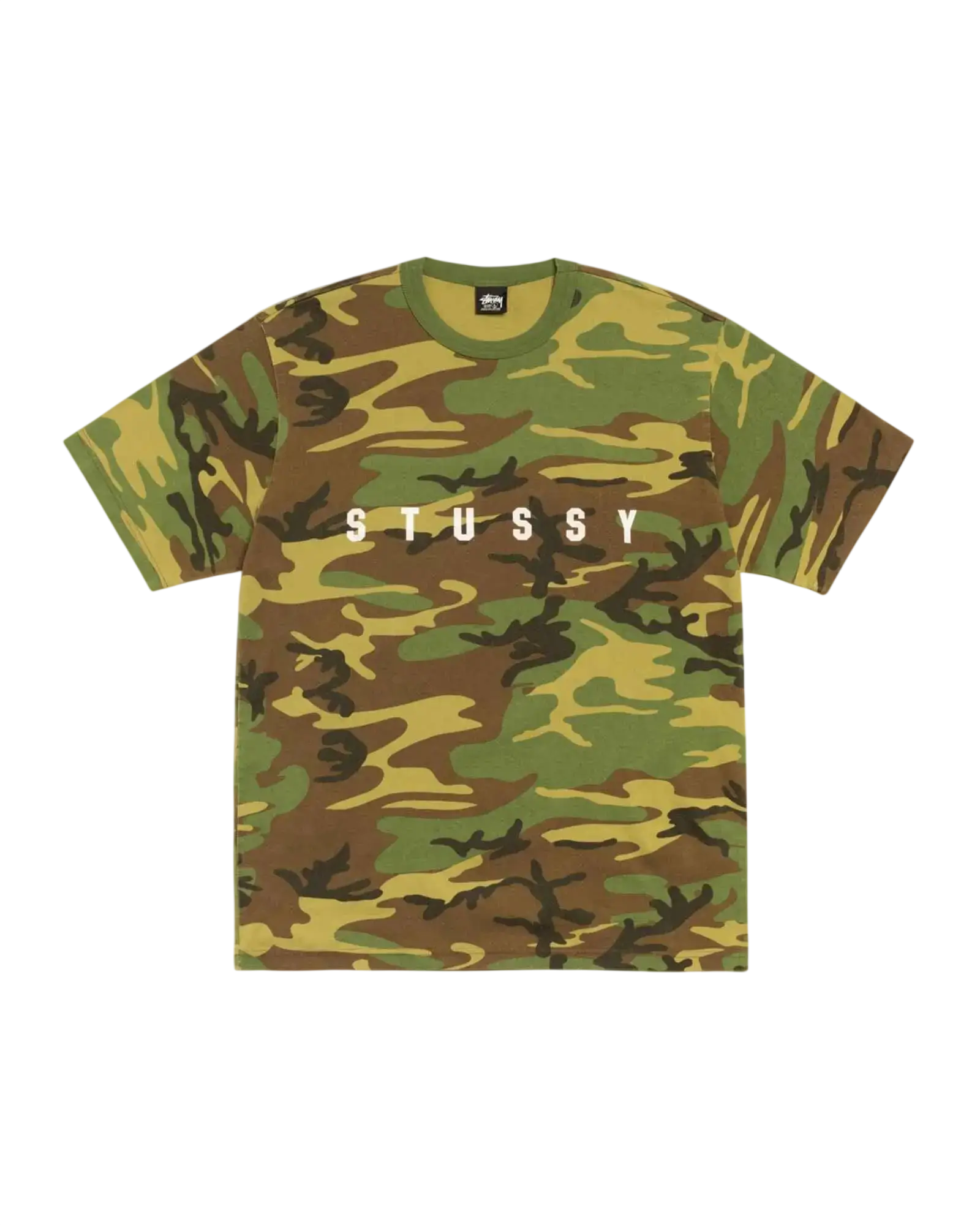 A stussy t-shirt featuring a classic woodland camouflage pattern in shades of green, brown, and tan.