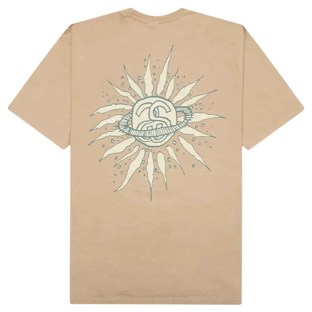 Beige Stussy Look Beyond Tee Elm short-sleeved t-shirt with stylized sun graphic and central circular emblem
