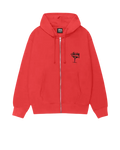 A vibrant red stussy martini zip up hoodie with a black cocktail glass logo and matching brand tag on the chest and collar
