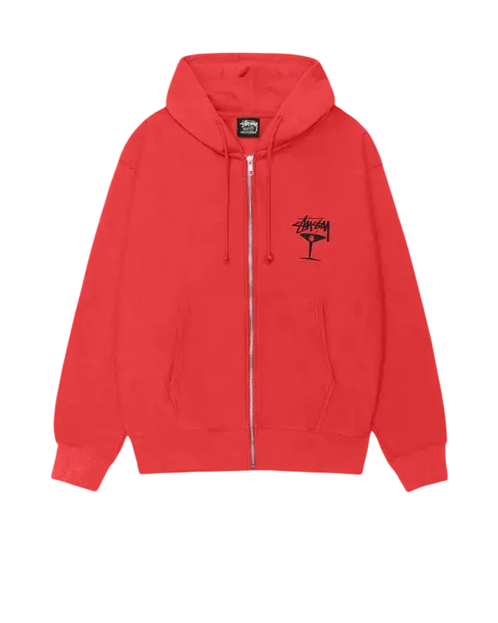 A vibrant red stussy martini zip up hoodie with a black cocktail glass logo and matching brand tag on the chest and collar