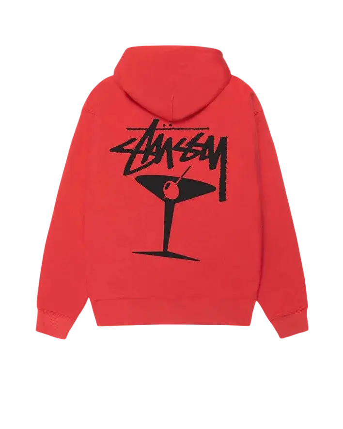 Back side of a vibrant red stussy martini zip up hoodie with a bold black martini glass graphic on the back