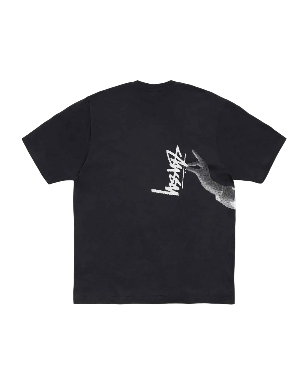 Back of black stussy paris pigment dyed tee featuring a white stylized logo with an illustrated hand pointing to it