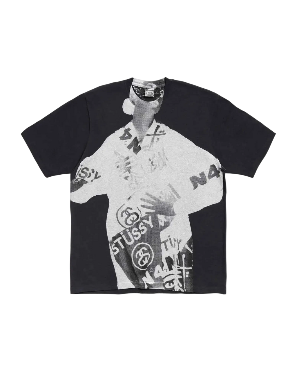 Black short-sleeved Stussy Paris pigment dyed tee with bold white graphic and overlapping Stussy and n4 logos
