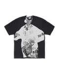 Black short-sleeved Stussy Paris pigment dyed tee with bold white graphic and overlapping Stussy and n4 logos