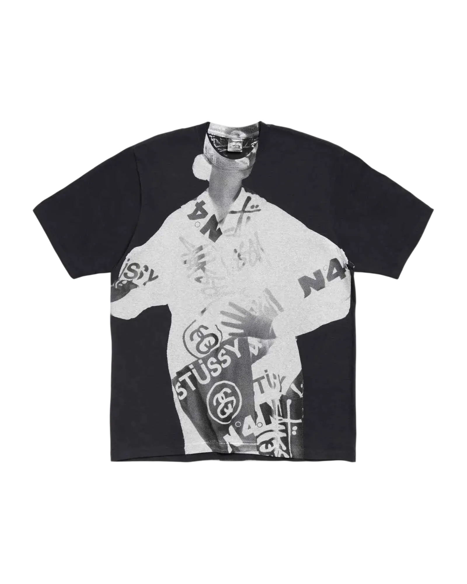 Black short-sleeved Stussy Paris pigment dyed tee with bold white graphic and overlapping Stussy and n4 logos