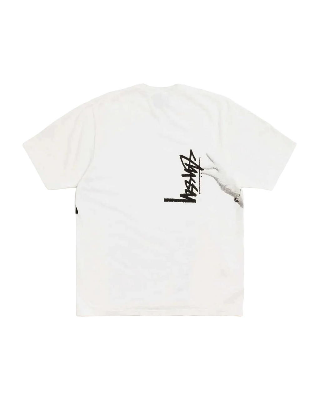 White stussy paris pigment dyed tee natural featuring black signature logo and subtle graphic detail on the chest