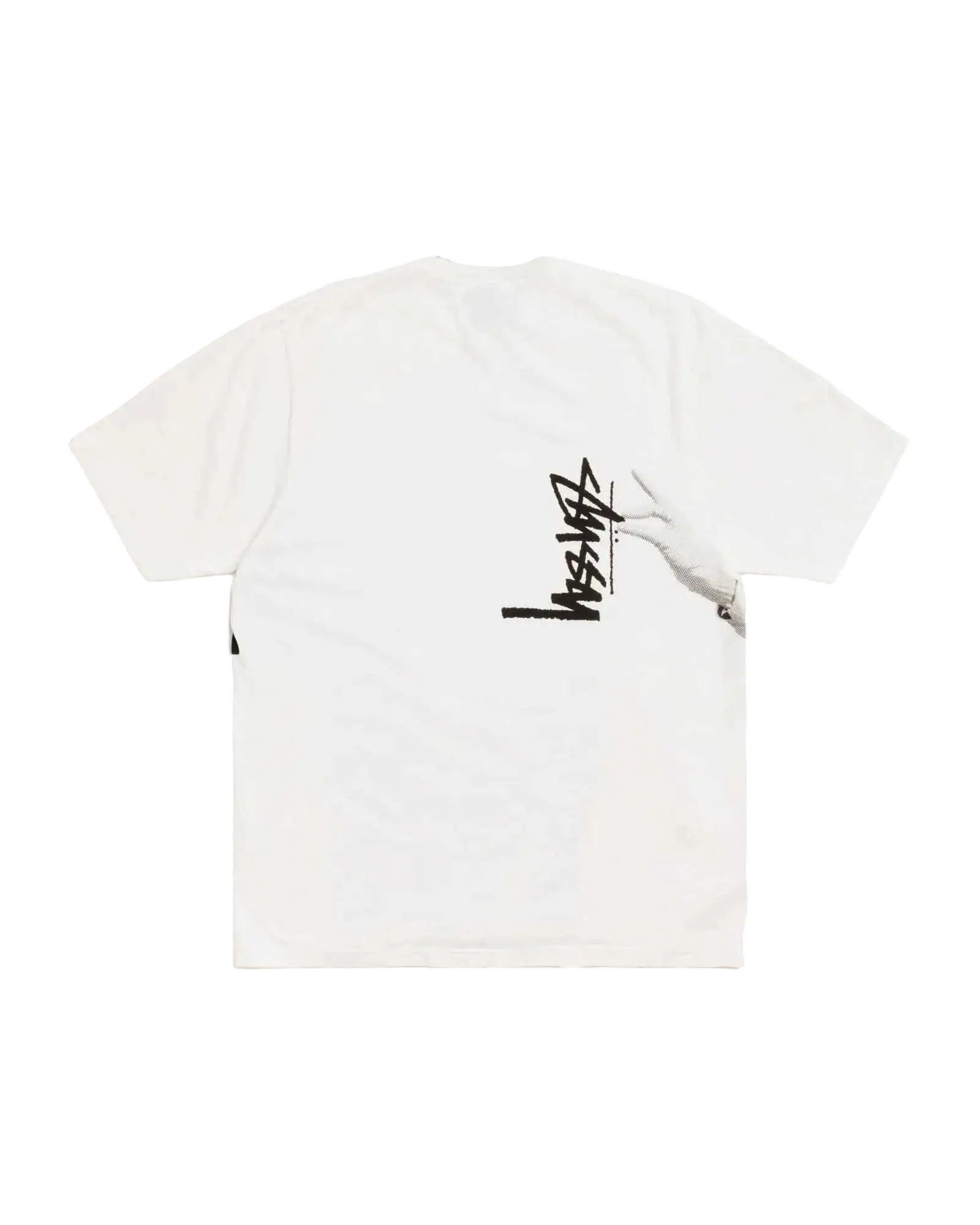 White stussy paris pigment dyed tee natural featuring black signature logo and subtle graphic detail on the chest