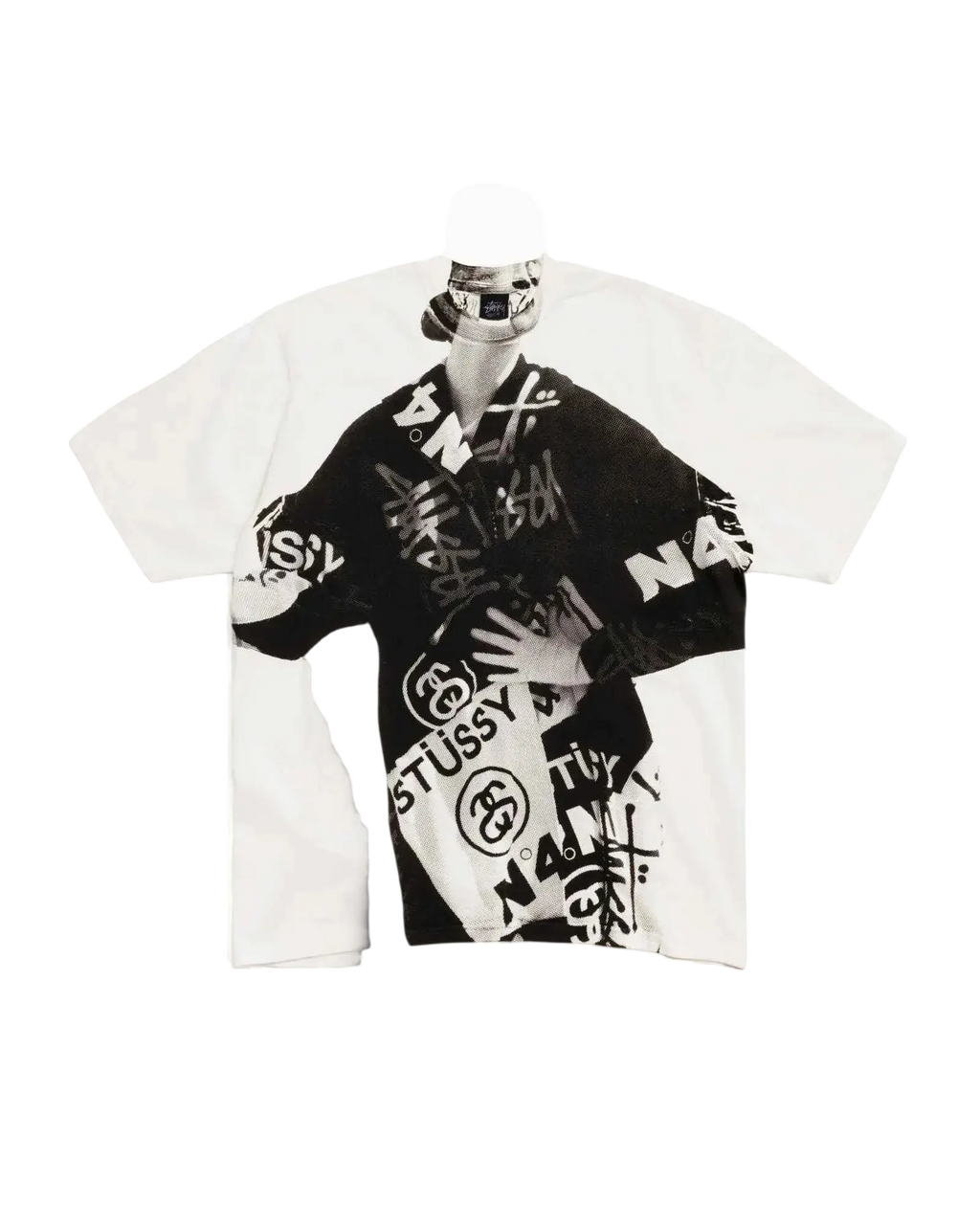 White stussy paris pigment dyed tee natural featuring bold black graffiti style graphic print on white cotton fabric