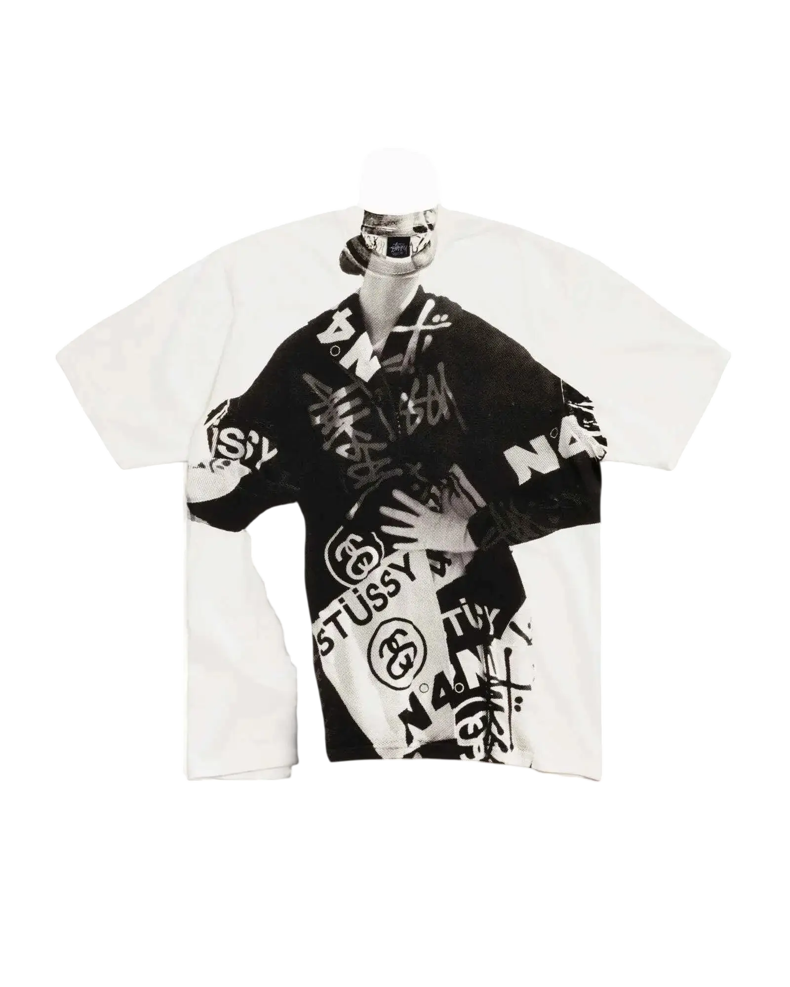 White stussy paris pigment dyed tee natural featuring bold black graffiti style graphic print on white cotton fabric