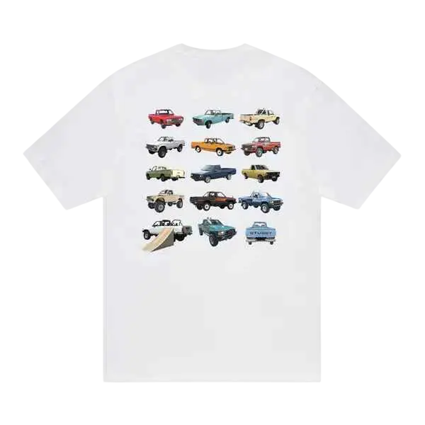 White stussy pickup tee featuring a grid of colorful vintage pickup trucks on a soft cotton fabric