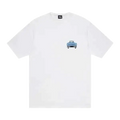 White stussy pickup tee featuring a small light blue vintage truck graphic on the left chest in cotton material